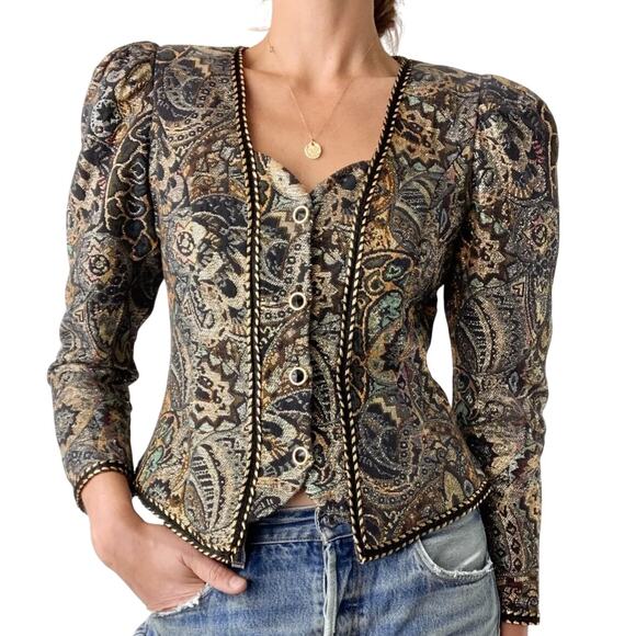 Vintage 80s Size Medium Black Gold Cotton Jacquard Brocade Jacket Tapestry Braid - Picture 1 of 9